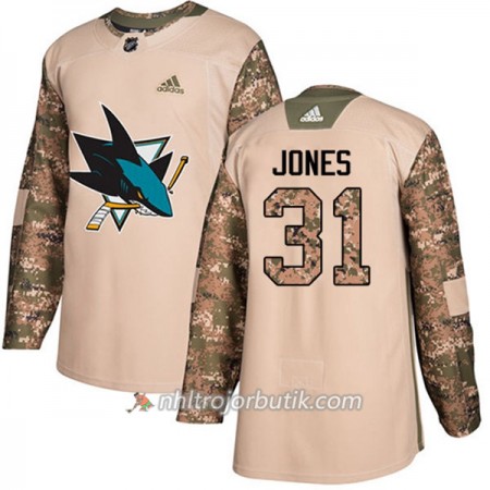 Män Ishockey San Jose Sharks Tröja Martin Jones 31 Adidas 2017-2018 Camo Veterans Day Practice Authentic